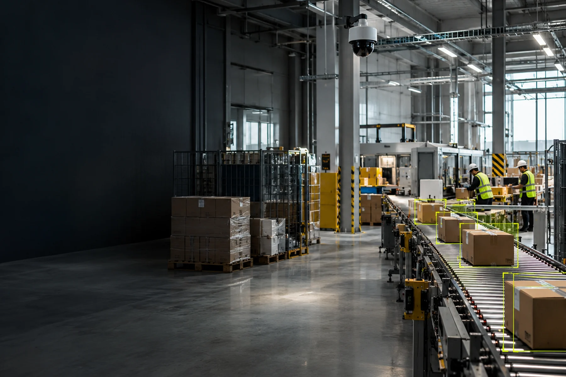 Concept visual: finished goods cartons on a conveyor under an AI camera
